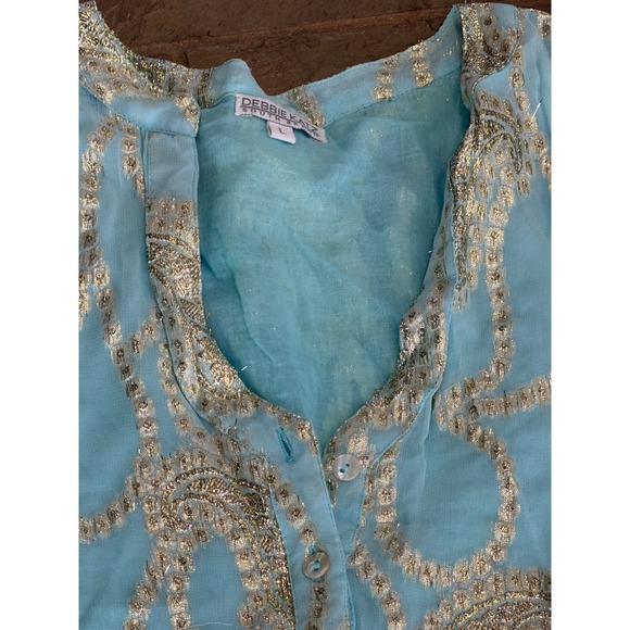 Debbie Katz South Beach Gold Angie lurex Tiered Mini Dress Aqua Turquoise Large - Picture 5 of 8